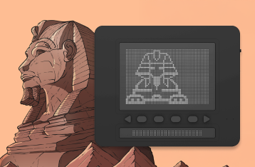 왼쪽의 스핑크스 그림 배경에 닷패드 위로 그려진 스핑크스 점자 이미지