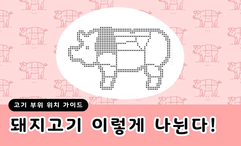 돼지의 몸에 고기 부위별 영역이 나뉘어 있다.
