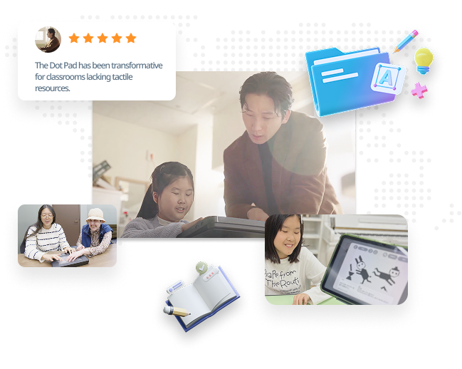 A scene where a teacher explains the DotPad to a student.